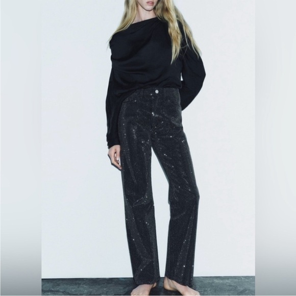 Zara Rhinestone Black Straight Leg Jeans Classic Style - Picture 1 of 12